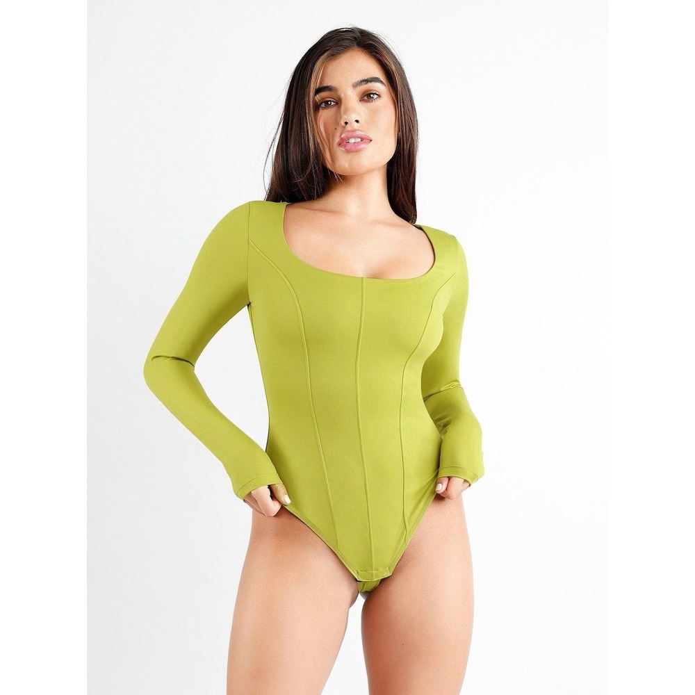 Popilush Shapewear Long Sleeve Square Neck Tummy Control Thong Bodysuit size L